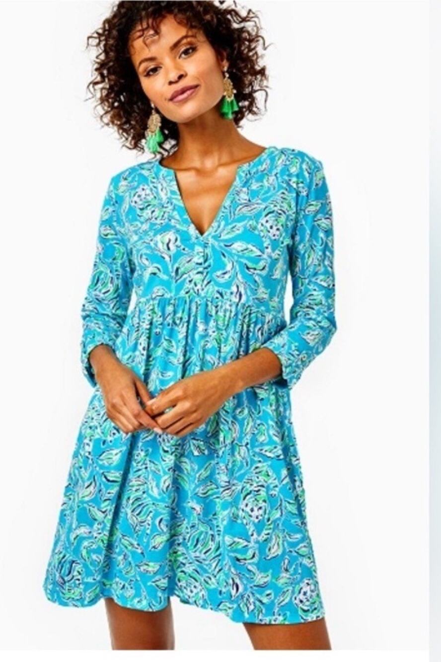 Lilly Pulitzer Loran Swing Dress Turquoise Oasis Outta Line Medium 100% Cotton